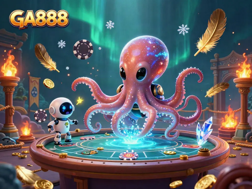 Engage in thrilling action at GA888 with an alien octopus and holographic poker table.