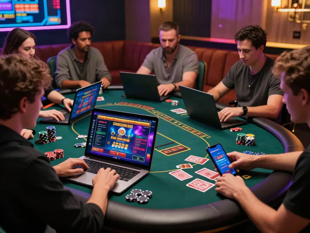 Players enjoying non GamStop online casino games in a vibrant gaming room.