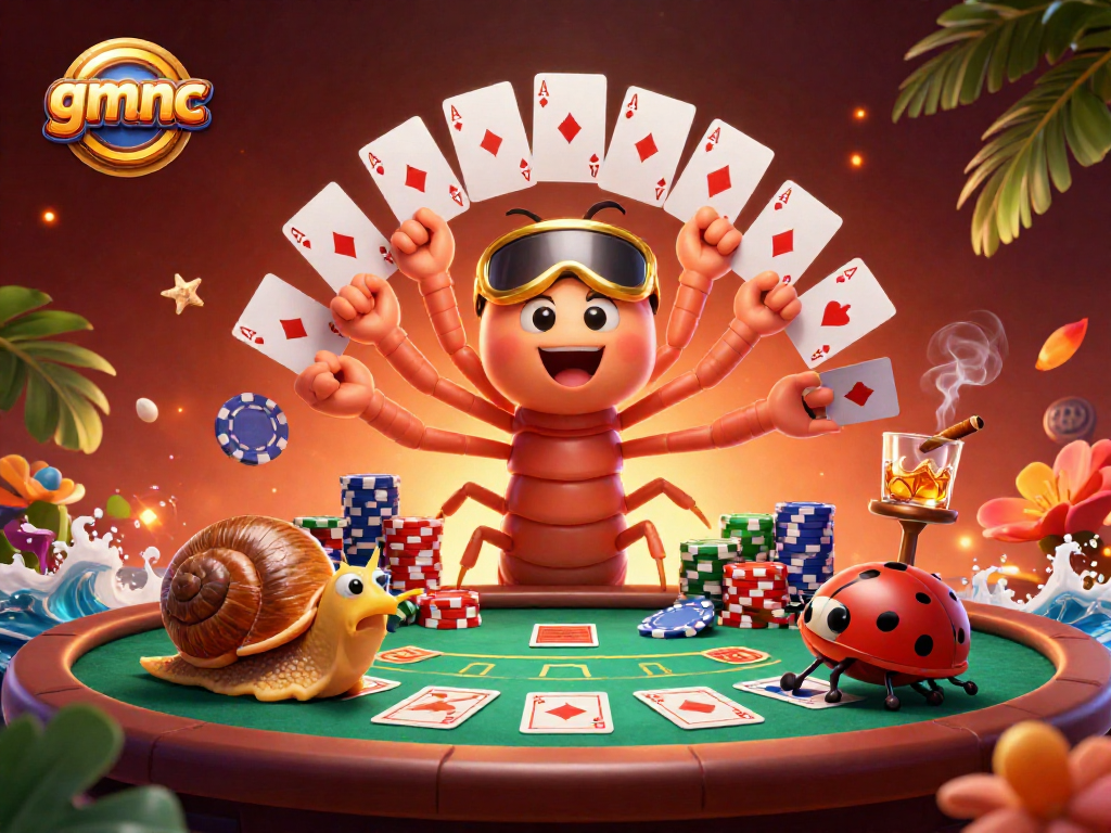 Experience thrilling poker action in gmnc's vibrant casino scene with a colorful millipede dealer.