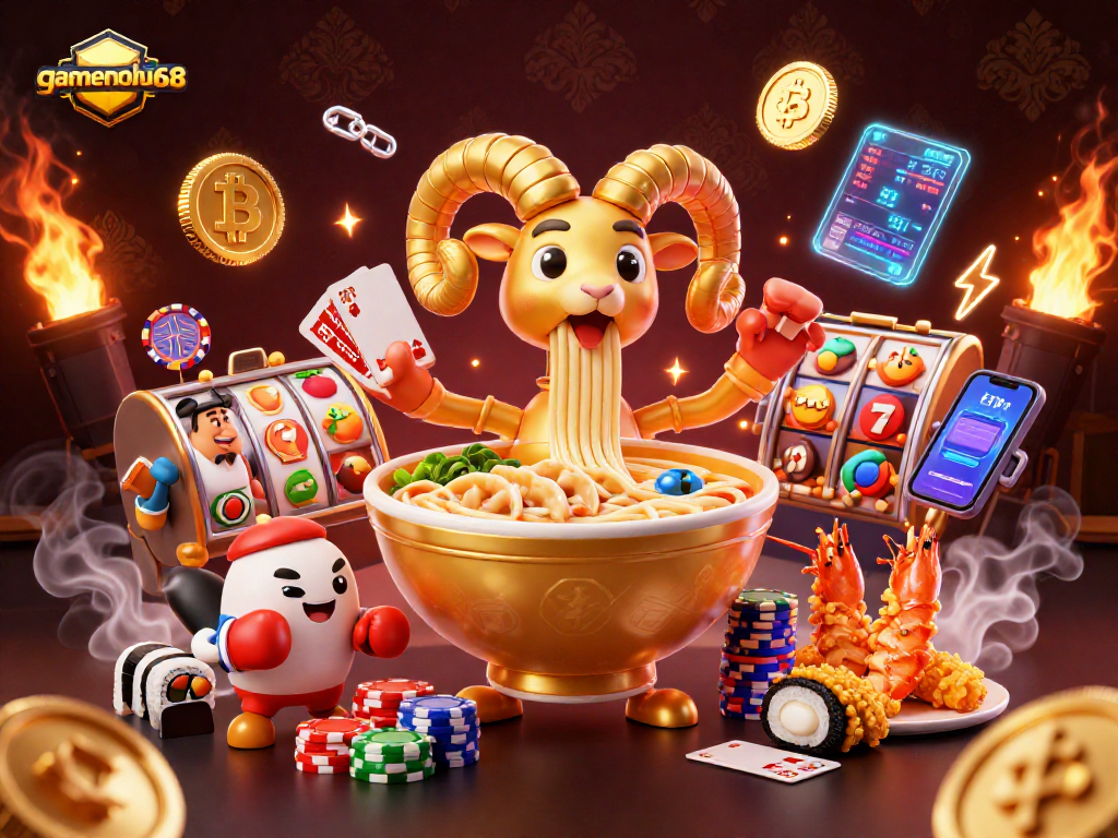 Engage with gamenohu68 where a golden ramen bowl character mixes cards and chips in an exciting casino scene.