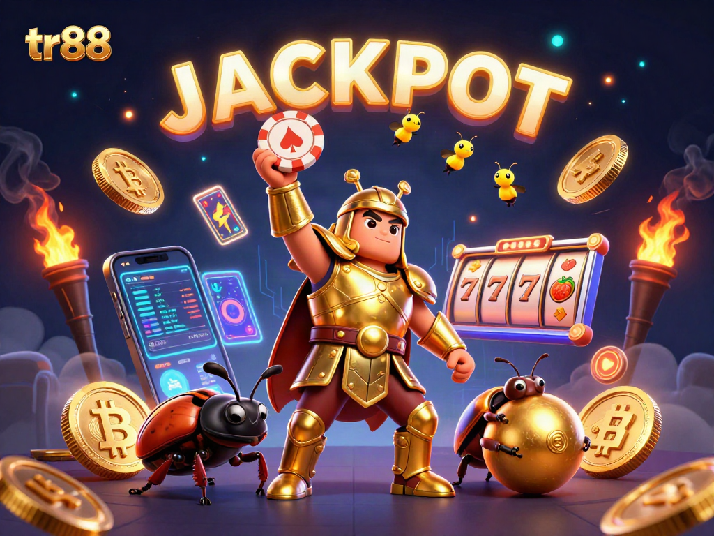 Experience thrilling wins at tr88 with a victory scene showcasing a gladiator beetle and crypto elements.