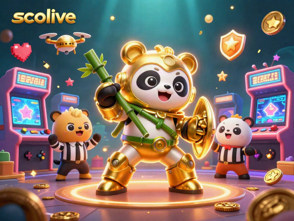 Socolive engages players in a lively casino scene with a golden panda in a mech-suit battling amidst gaming symbols.