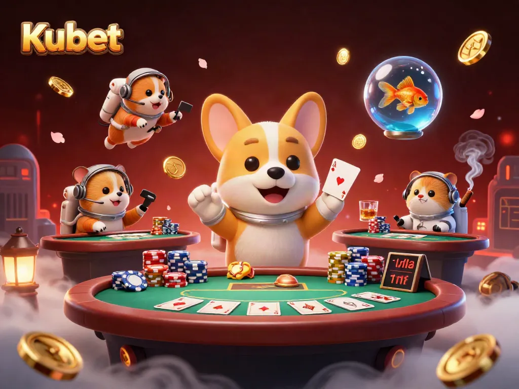 Kubet cosmic casino scene with a corgi astronaut, hamster in mission control, and a goldfish, showcasing a vibrant zero-gravity game.