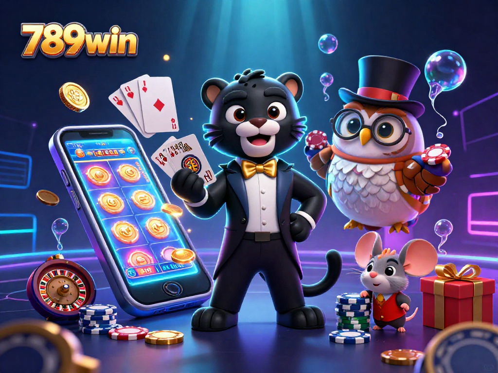 Engage in thrilling card games at 789win with an elegant panther dealer, surrounded by fun casino elements.