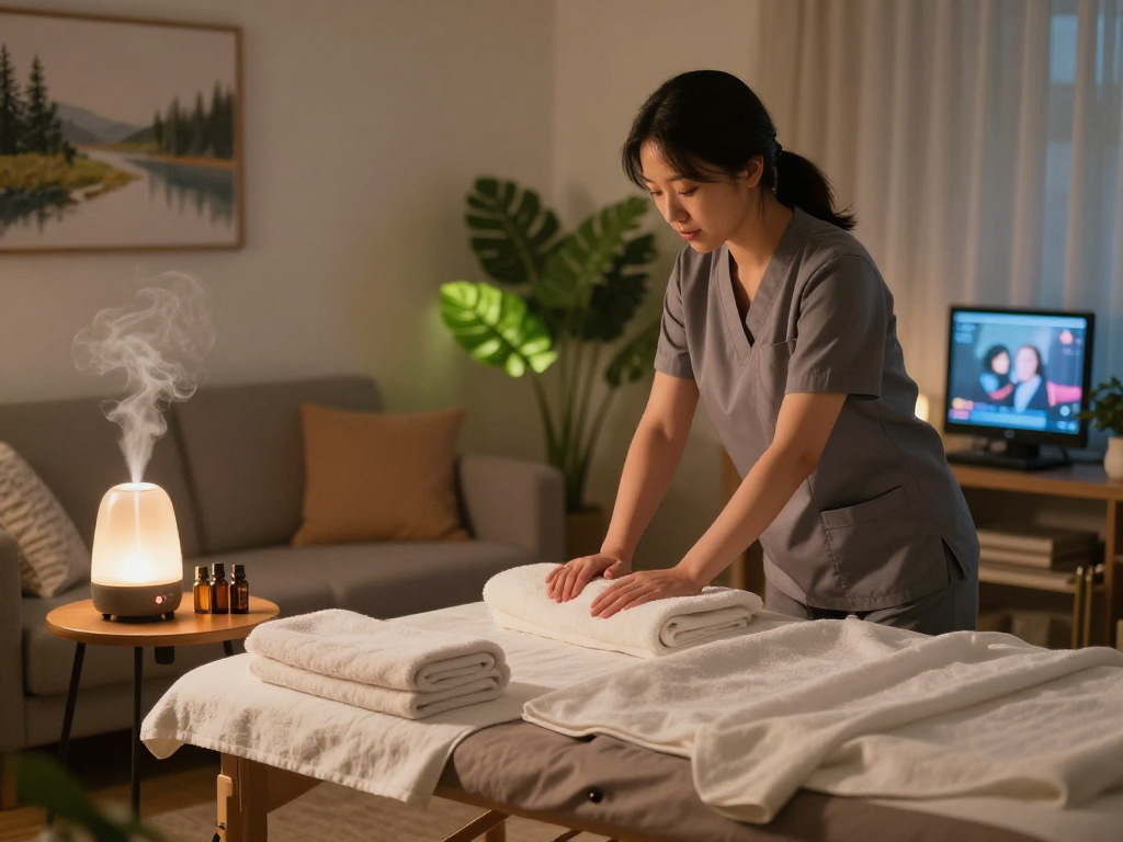 Enjoying a calming 성동구출장마사지 session in a cozy home ambiance with essential oils and soft lighting.