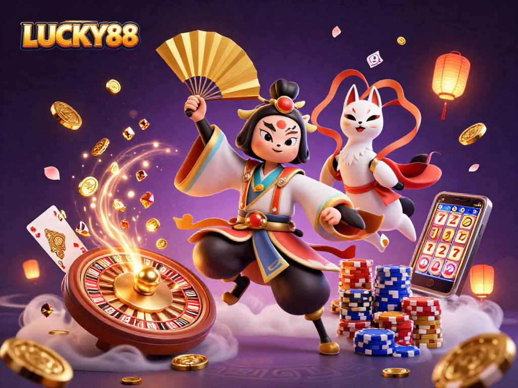 Experience LUCKY88 with vibrant characters, cascading coins, and a spinning roulette wheel in this 3D illustration.