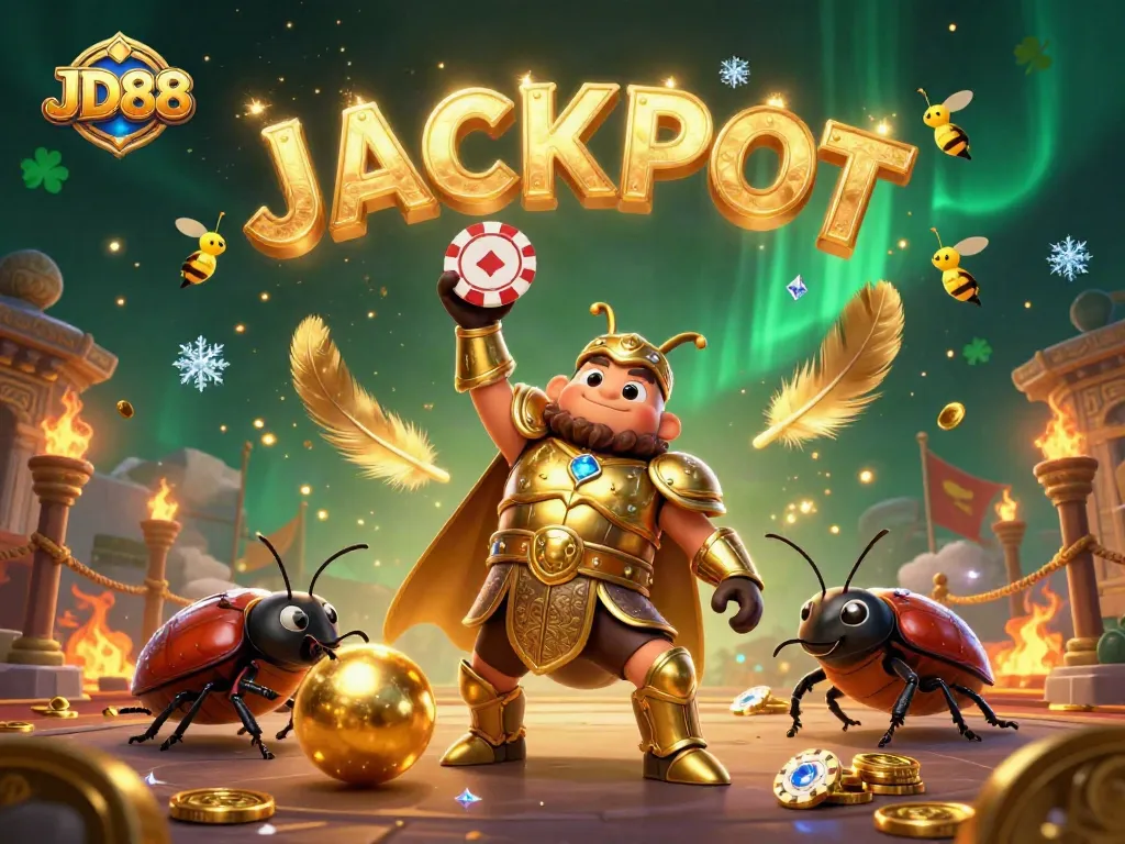 Experience JD88's thrill as cartoon beetles celebrate a jackpot victory in a vibrant casino illustration.