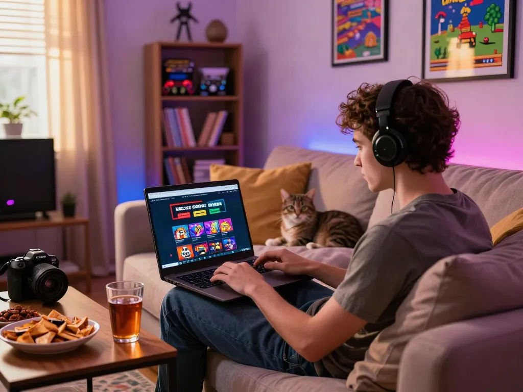 Cozy living room with a player engaged in non GamStop casino gameplay.