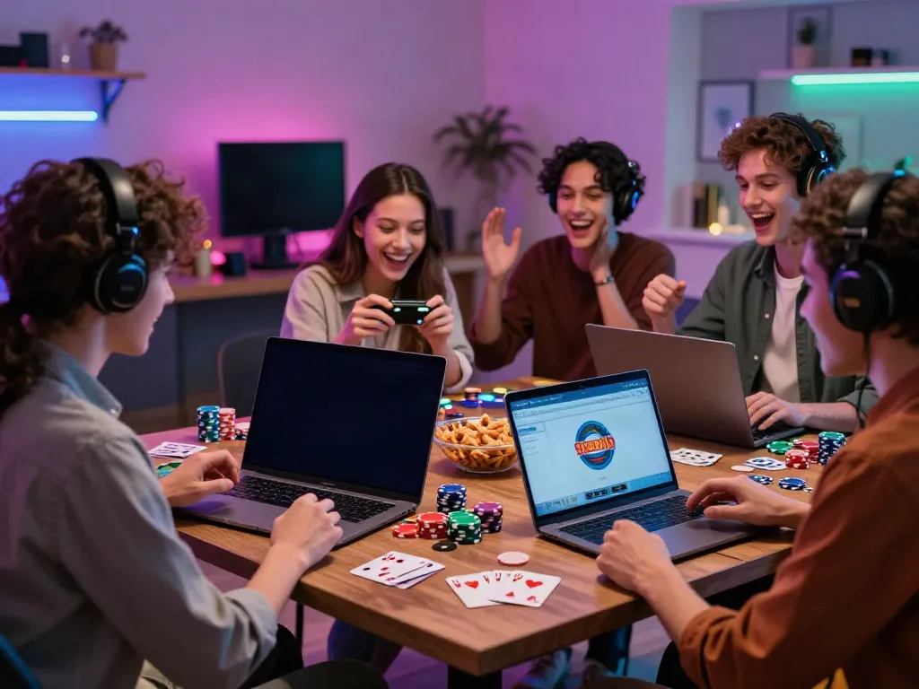 Friends enjoying a lively non gamstop gaming night with poker chips and snacks