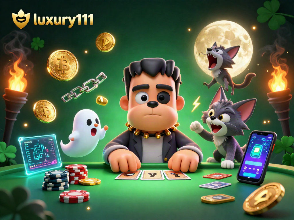 luxury111 showcases a Frankenstein bulldog dealing cards at a spooky casino table, surrounded by cryptocurrency coins.