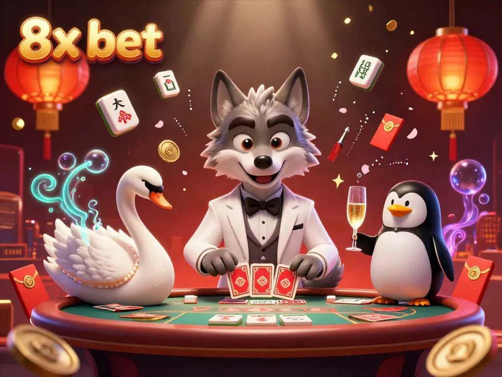Experience the vibrant 8x bet scene with a debonair wolf, swan dealer, and penguin sommelier.
