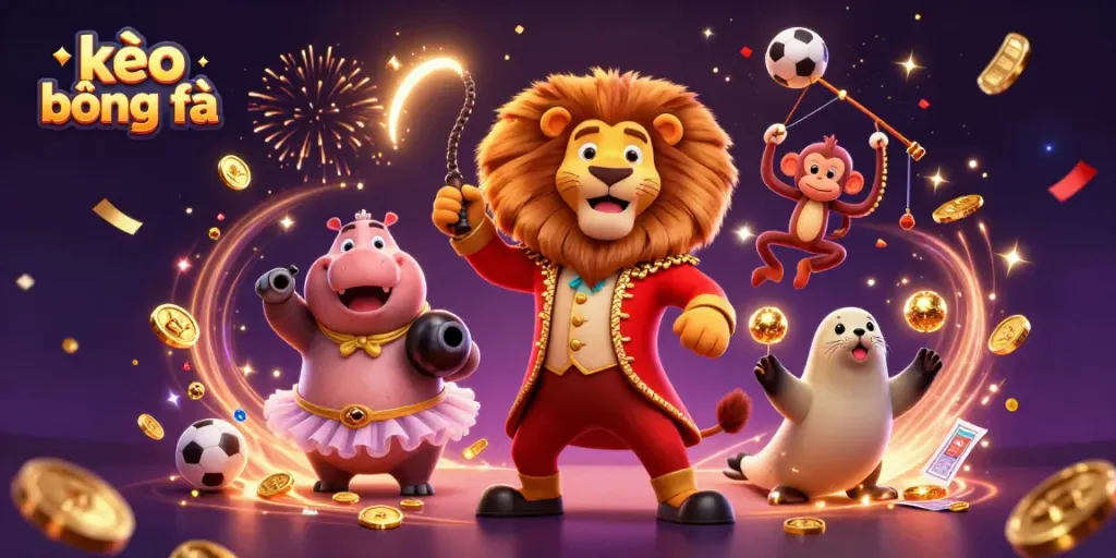 Exciting scene showcasing kèo bóng đá with a lion ringmaster, playful animals, and dynamic sports betting elements.