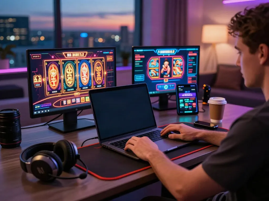 Player enjoying non gamstop casinos at a modern gaming setup with vibrant lighting.