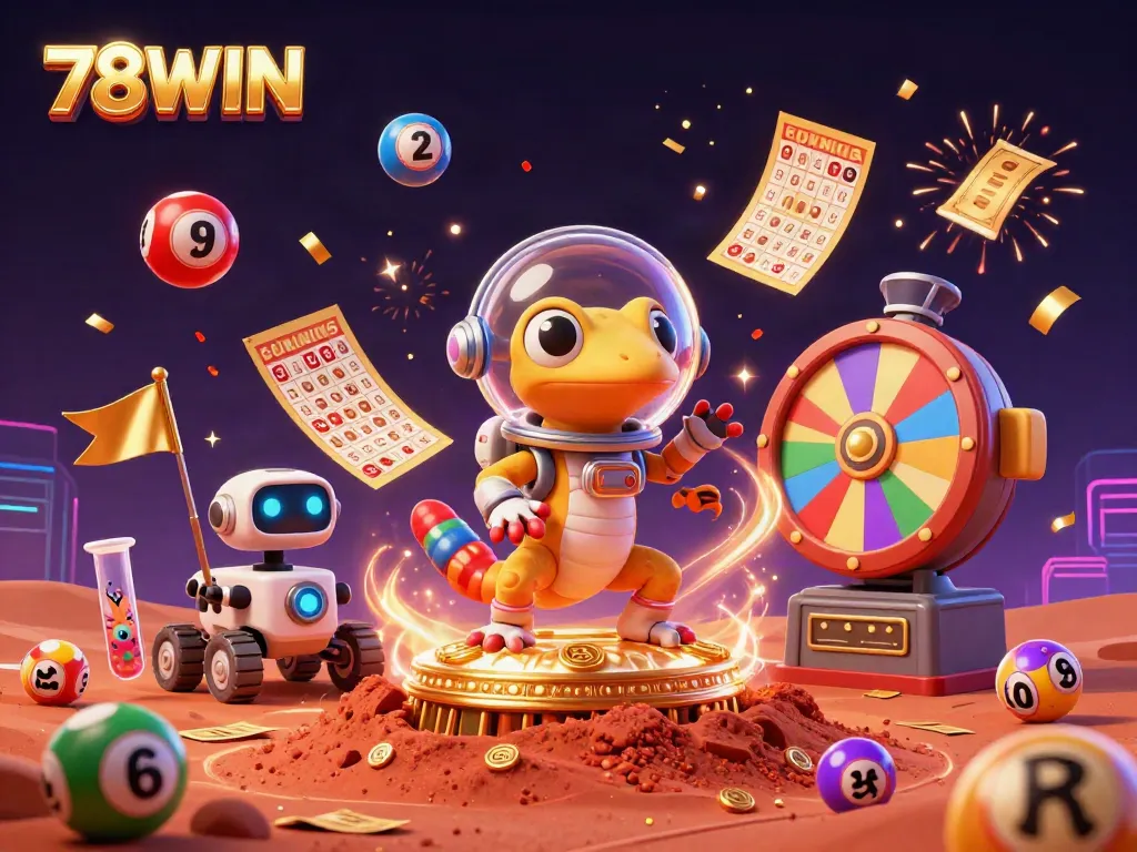 Experience excitement with 78WIN in a vibrant Martian casino scene featuring colorful lottery elements.