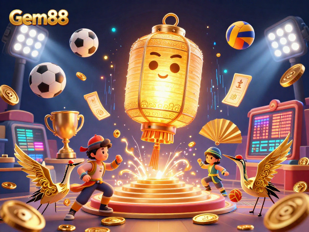 Bet on Gem88 with a vibrant casino scene featuring lucky symbols and dynamic sports elements.