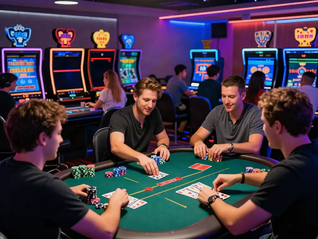 Players enjoying non GamStop casino atmosphere with vibrant lights and excitement.
