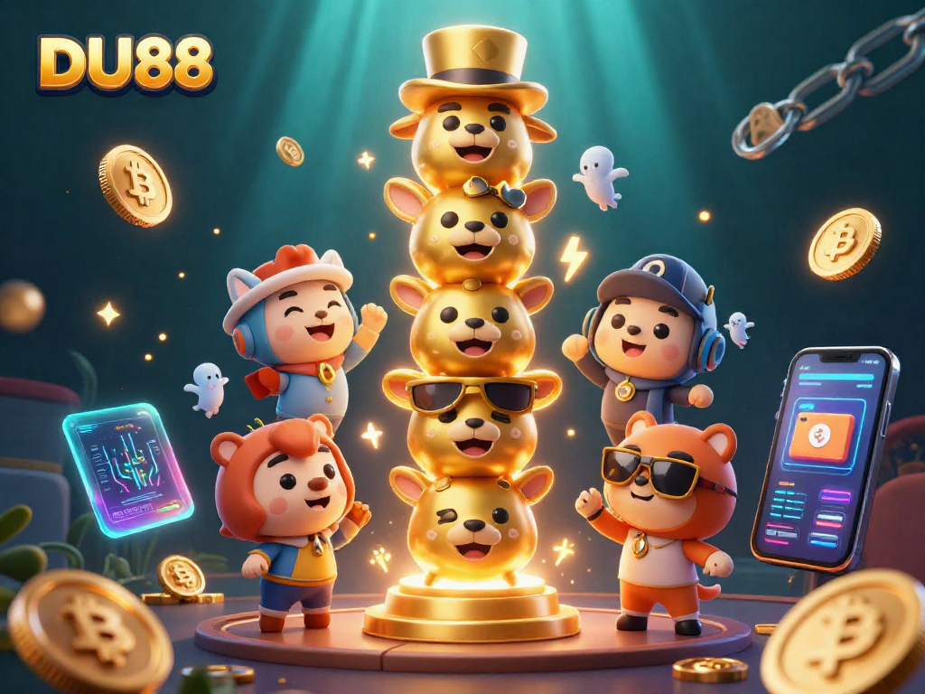 Experience vibrant gambling excitement with DU88's animated casino totem and crypto elements.