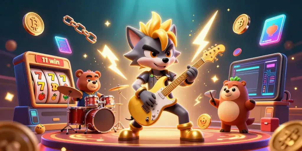 Experience the thrill of 11 win with a dazzling casino scene featuring a rock star wolf and a drummer bear in action.