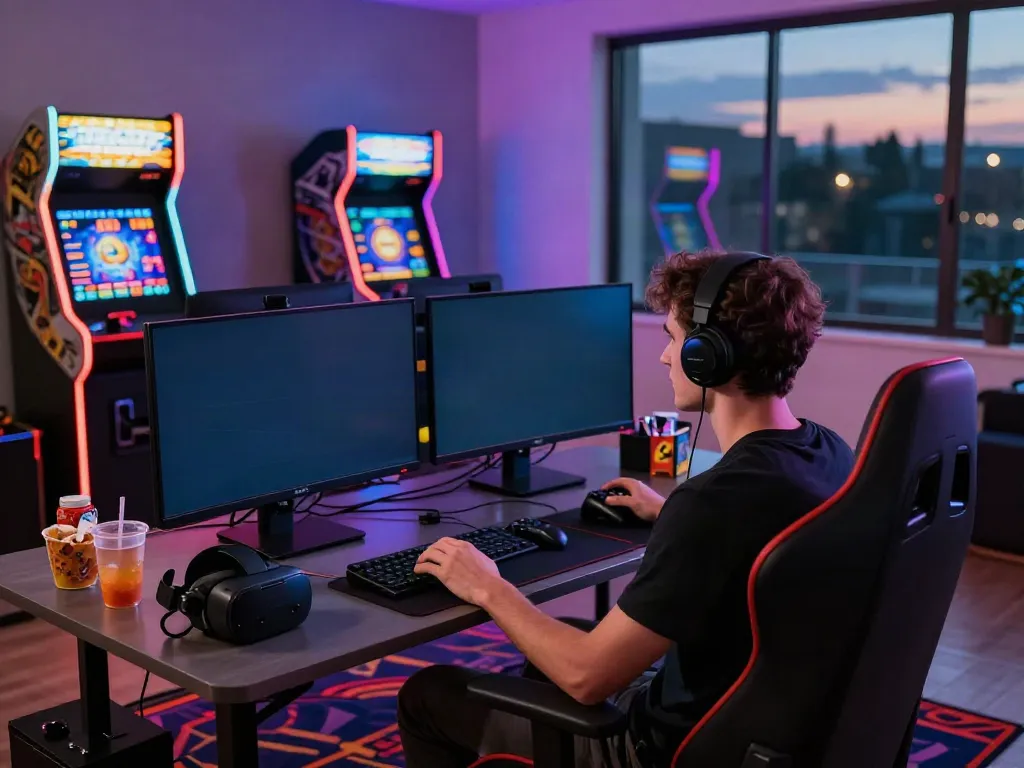 Engaging gaming room with non GamStop casino games, cozy atmosphere, and colorful LED lights.