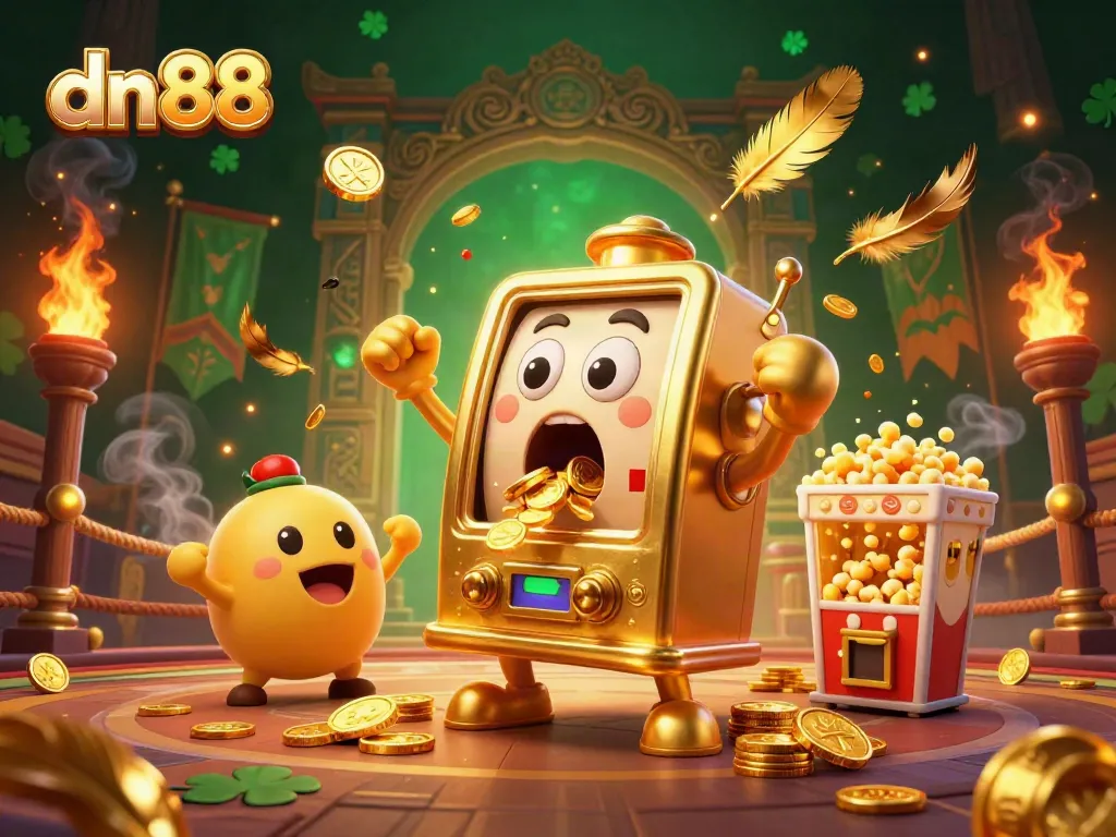 Watch the dn88 slot machine celebrate a jackpot with coins pouring out and cheering friends