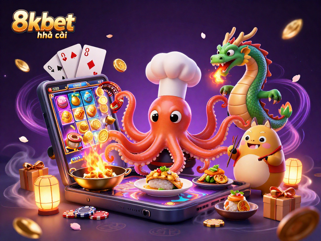 Engage in fun with 8xbet nhà cái, witnessing an octopus chef crafting dishes amidst dynamic casino elements.