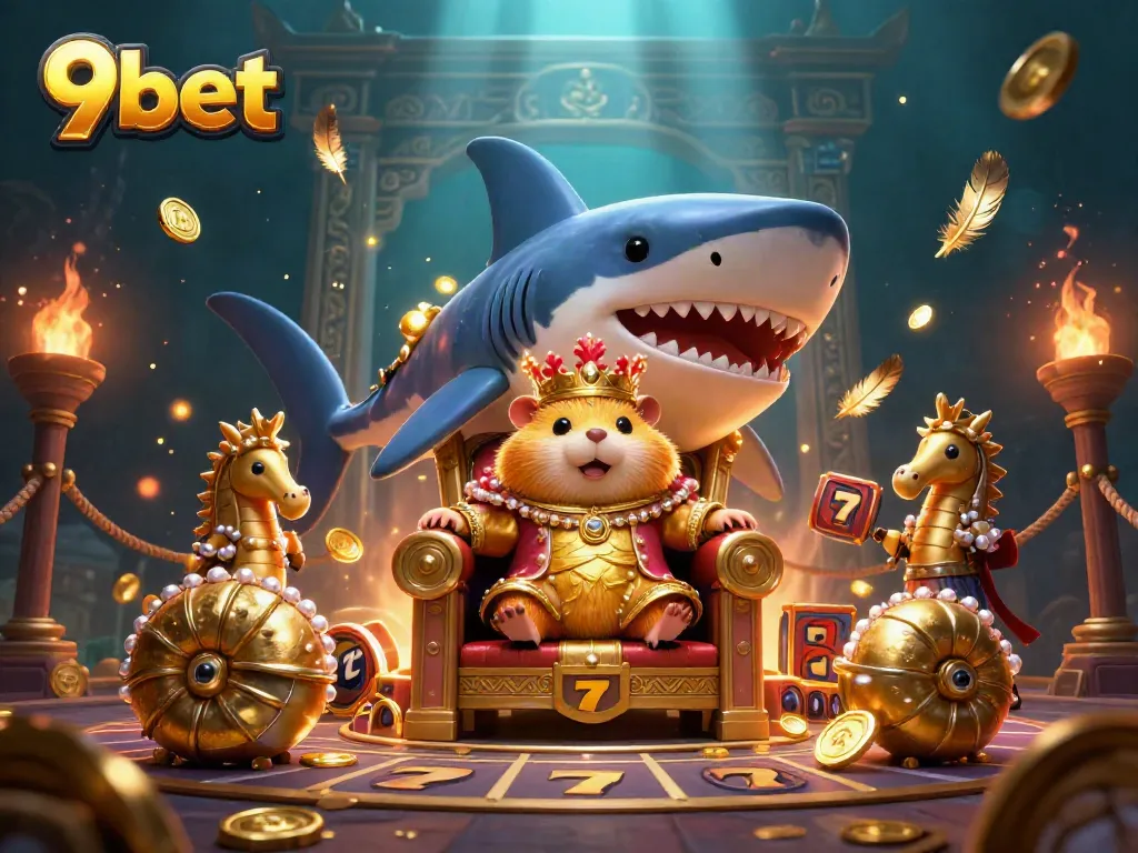 Experience the dynamic world of 9bet with a thrilling casino illustration showcasing a hamster king amidst gold coins and slots.