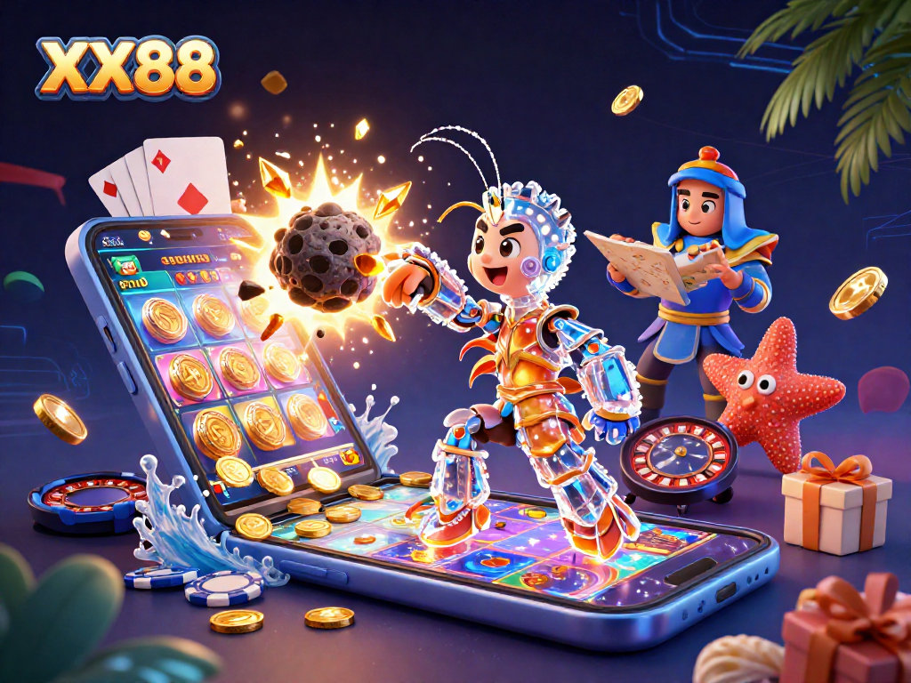 Play and win at XX88 with vibrant slot games and engaging characters in a dynamic casino scene.