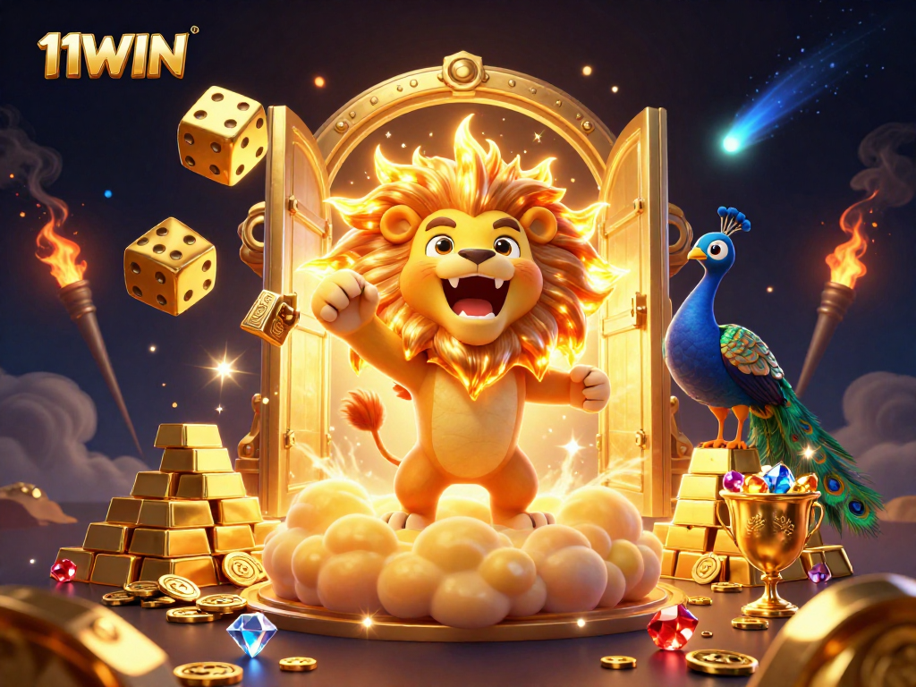 Experience thrilling wins with casino excitement at 11WIN and golden treasures surrounding cartoon characters.