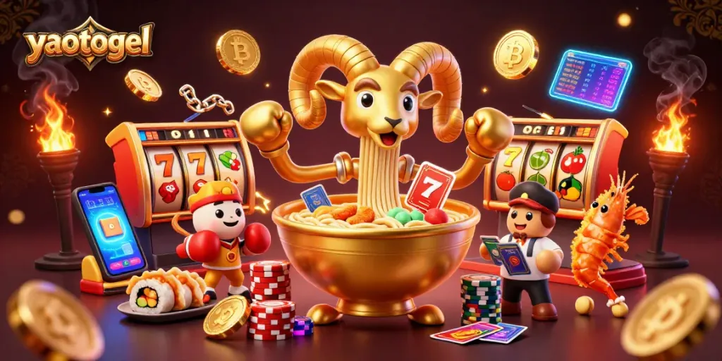 Yaotogel showcases a vibrant 3D casino scene with characters interacting and winning slots.