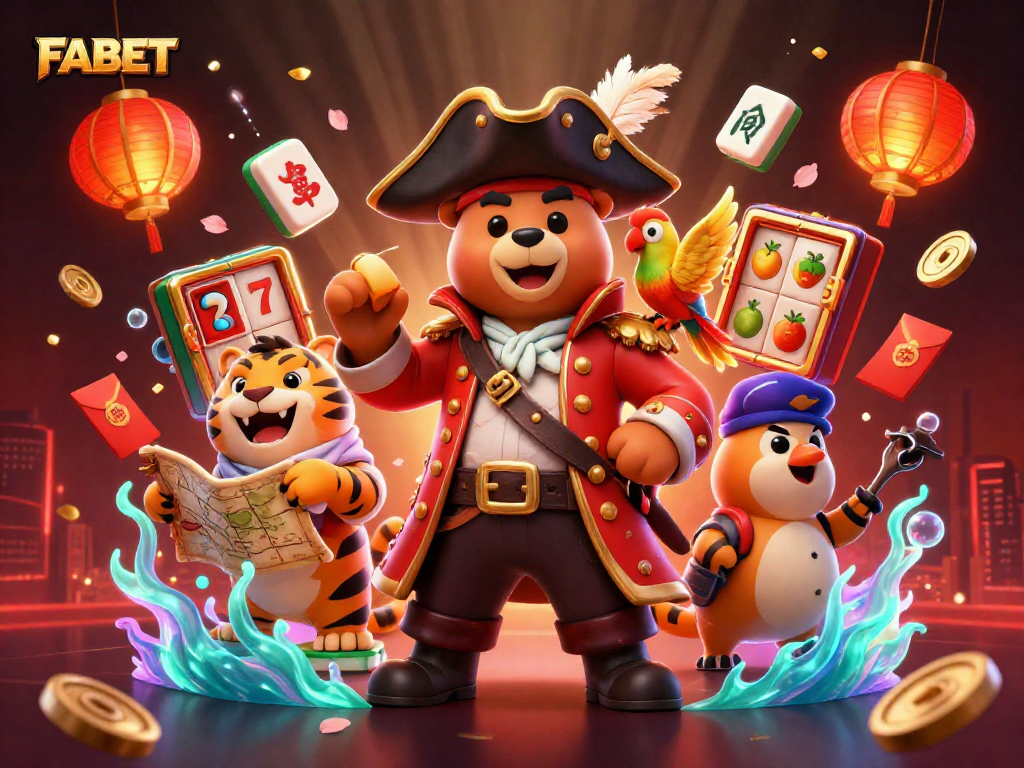 Spin to win at FABET's vibrant casino scene featuring 3D characters and slot machines.