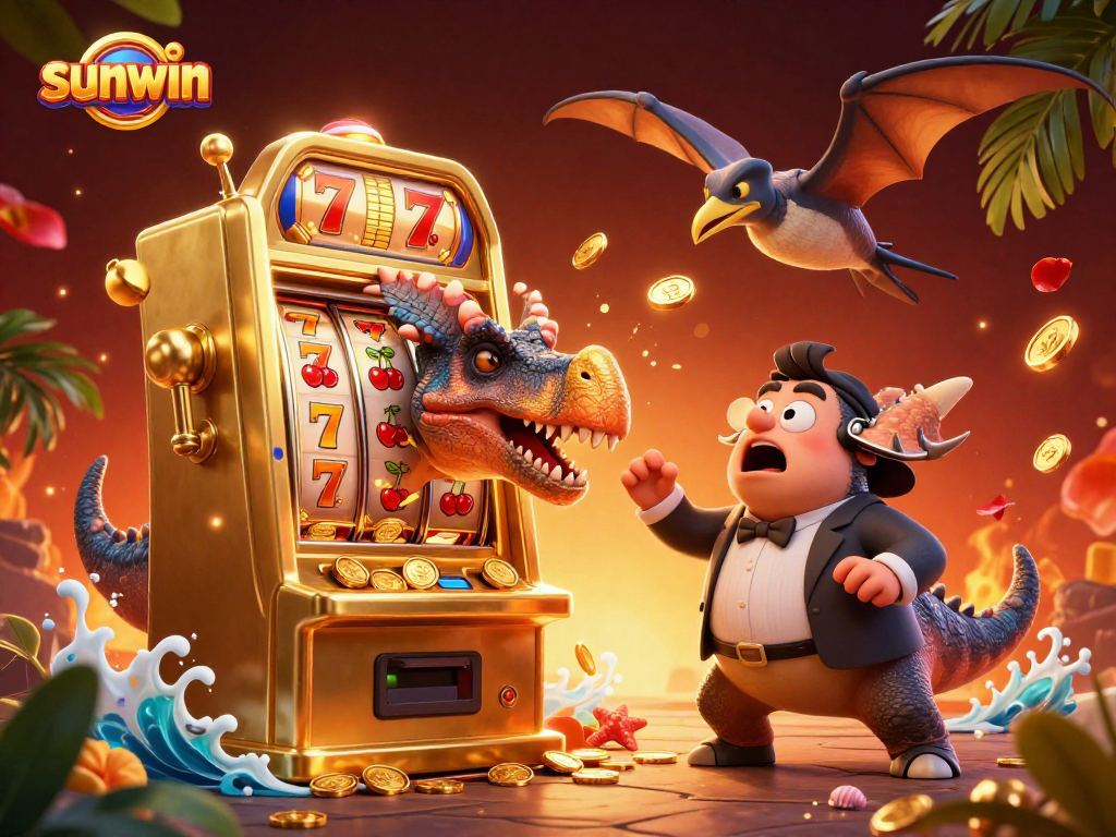Sunwin slots come alive as a pachycephalosaurus hits the jackpot amidst flying coins and a panicked manager.