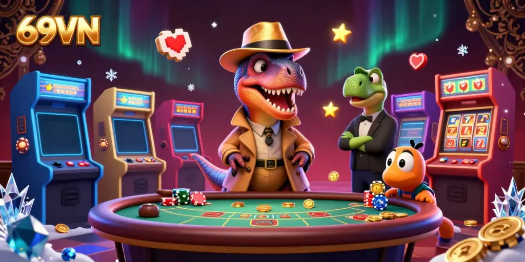 Experience thrilling gambling at 69VN with a cartoon velociraptor and casino elements.