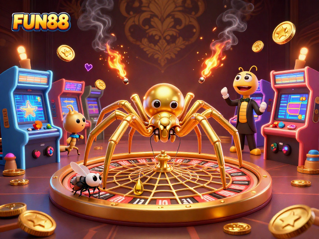 Engage in FUN88 casino thrills with a spider and croupier in a mesmerizing roulette scene.
