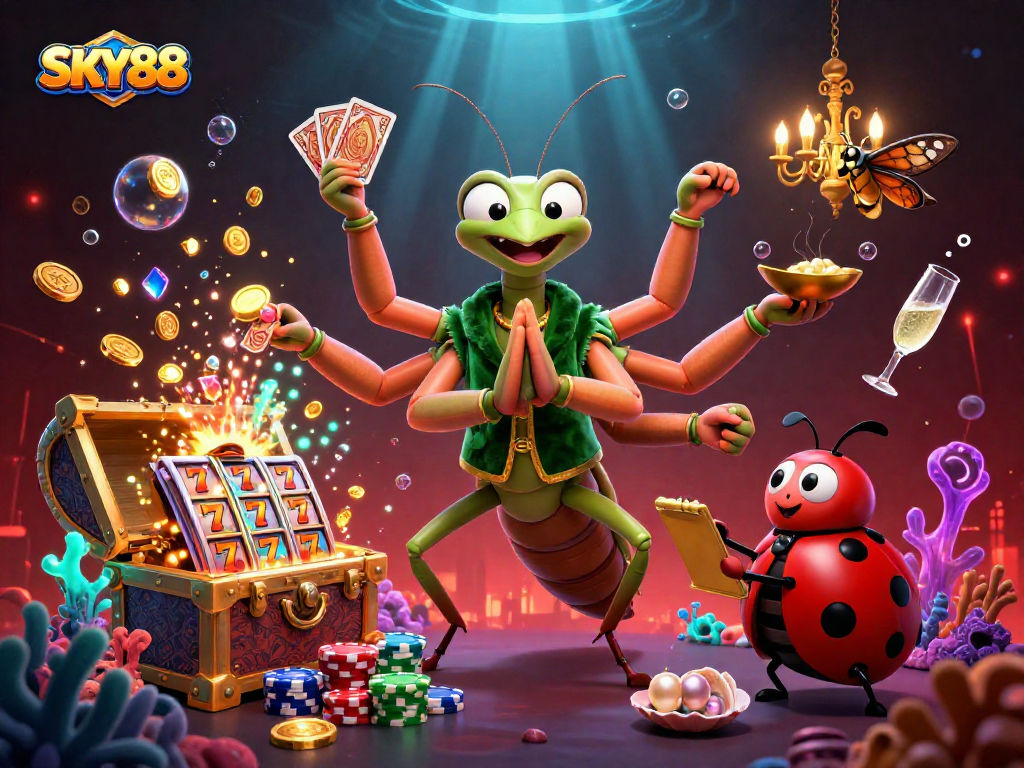 Experience thrilling gameplay at SKY88 with a giant mantis dealer amidst vibrant casino elements.