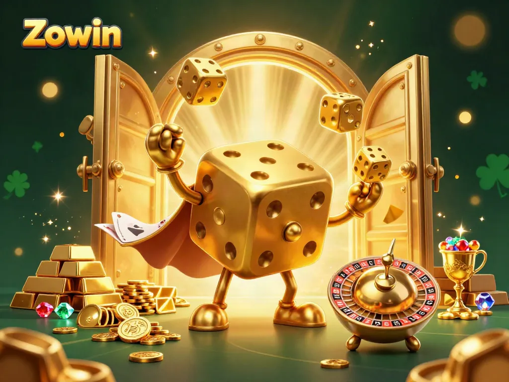 Experience thrilling games with Zowin, featuring golden dice characters and treasures.
