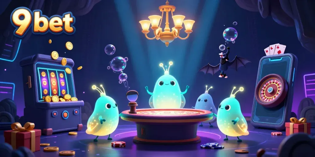 Engage in thrilling 9 bet casino action with glowing glowworms illuminating a vibrant gaming scene.