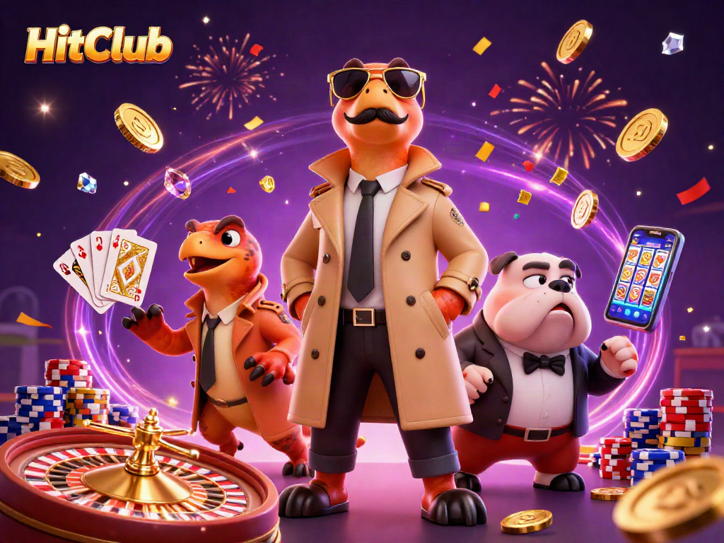 HitClub's vibrant casino adventure with raptors and bouncer, amidst coins and cards in action.