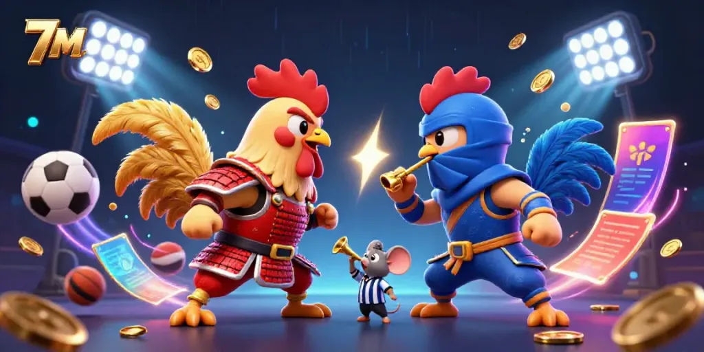 Engage with 7M's thrilling dynamic betting environment featuring roosters and sports elements.