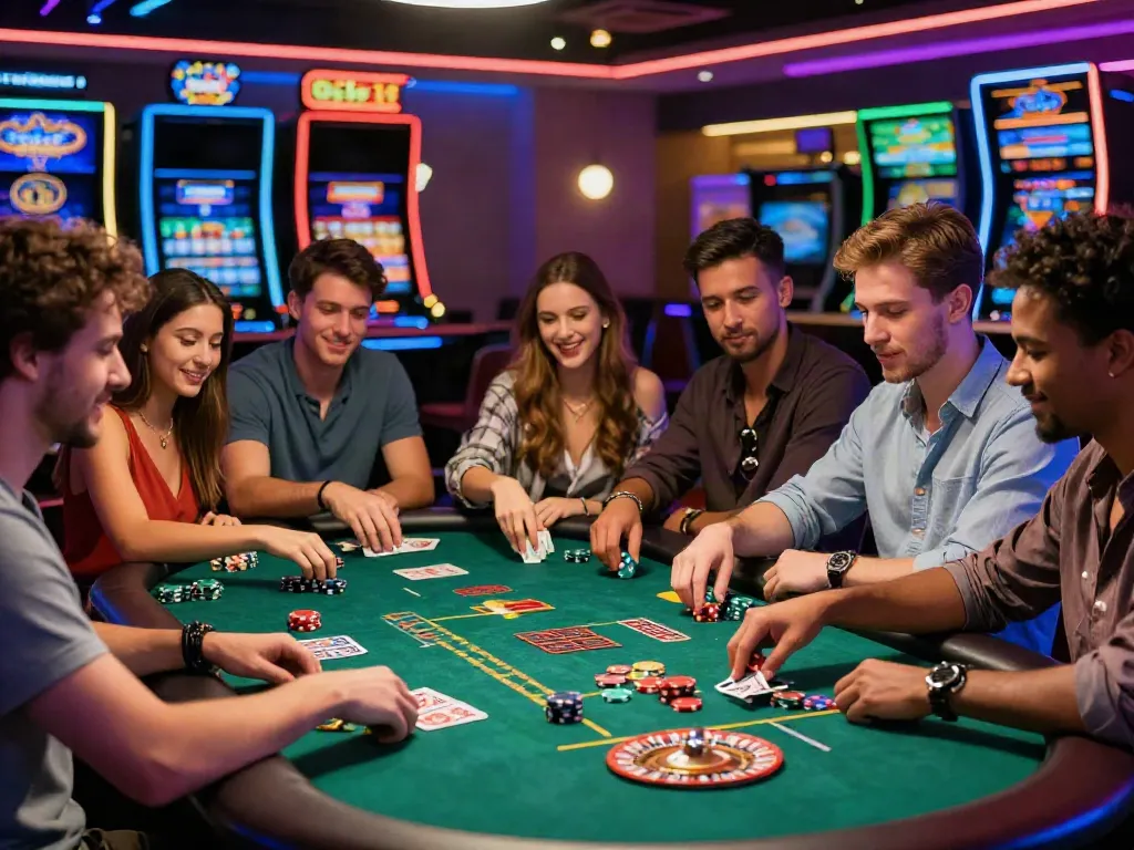 Friends enjoying games at a non GamStop casino with vibrant atmosphere and exciting promotions.