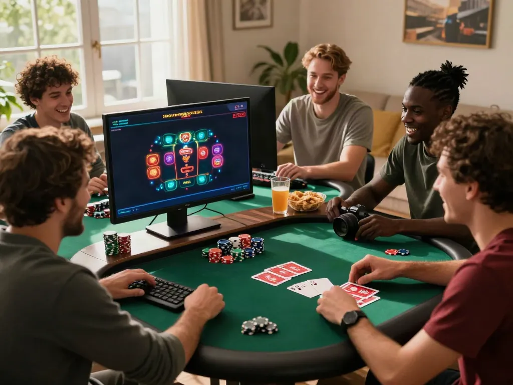 Friends enjoying non GamStop casino games at home, vibrant monitors, lively atmosphere.