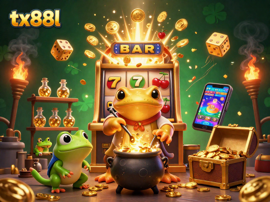tx88l illustrates a magical moments of casino alchemy, with gold coins and vibrant elements exploding around characters.