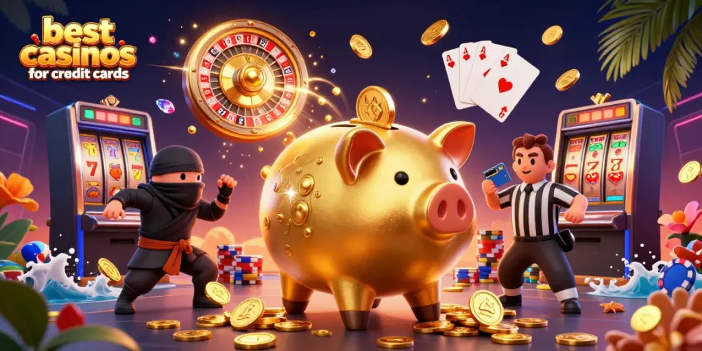 Experience the best casinos for credit cards with vibrant scenes of action, winnings, and excitement.