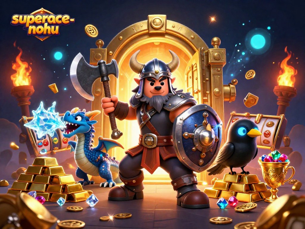 Engage with superace-nohu as Vikings and dragons explore treasure-laden slots in a vibrant scene.