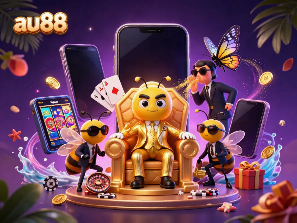 Spin and win at au88 with a mob boss bumblebee overseeing a vibrant casino scene brimming with excitement.