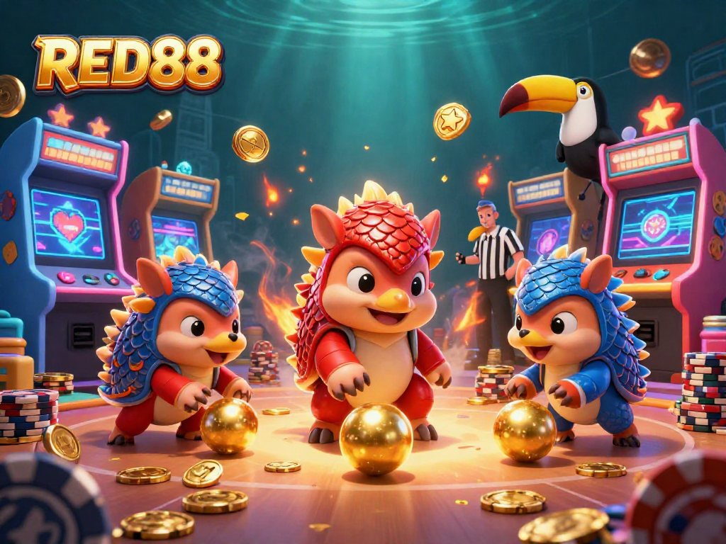 Join the excitement at RED88 with animated pangolins bowling through poker chips in a vibrant casino scene.