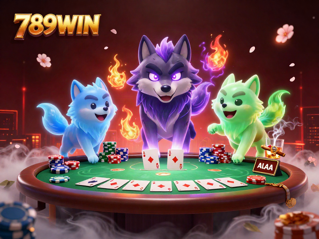 Engage in thrilling poker action with 789WIN's ghostly wolf pack amid colorful chips and dynamic gameplay.