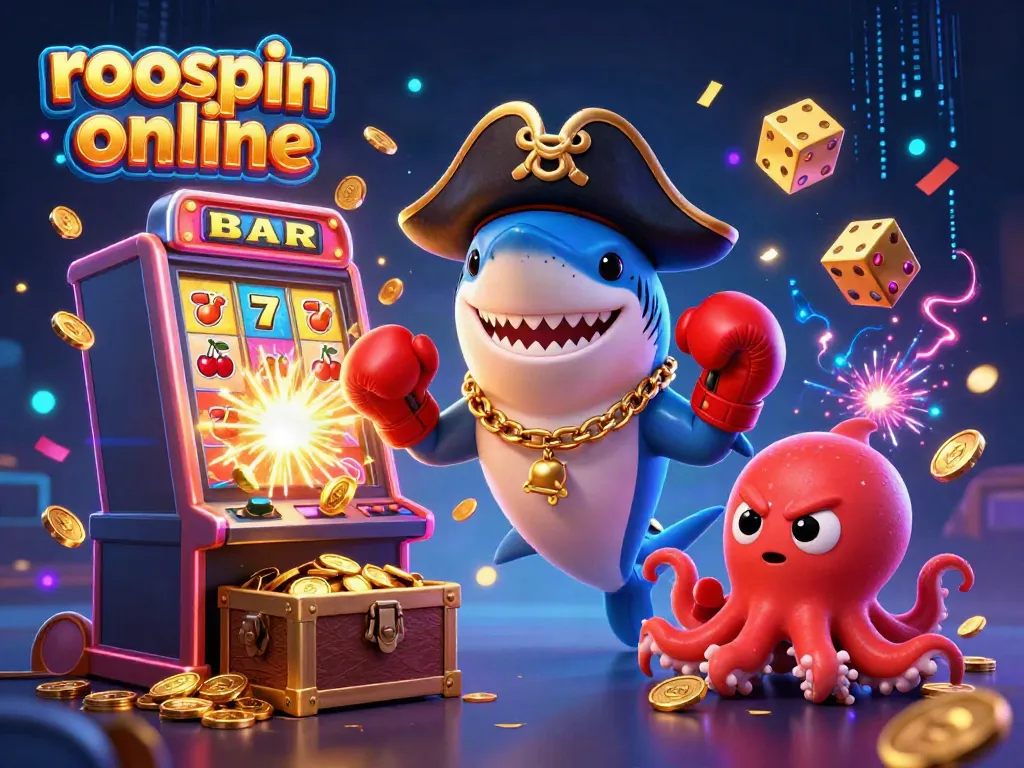 Experience the excitement of roospin online with a dynamic 3D casino illustration featuring a slot machine, pirate shark, and treasure.