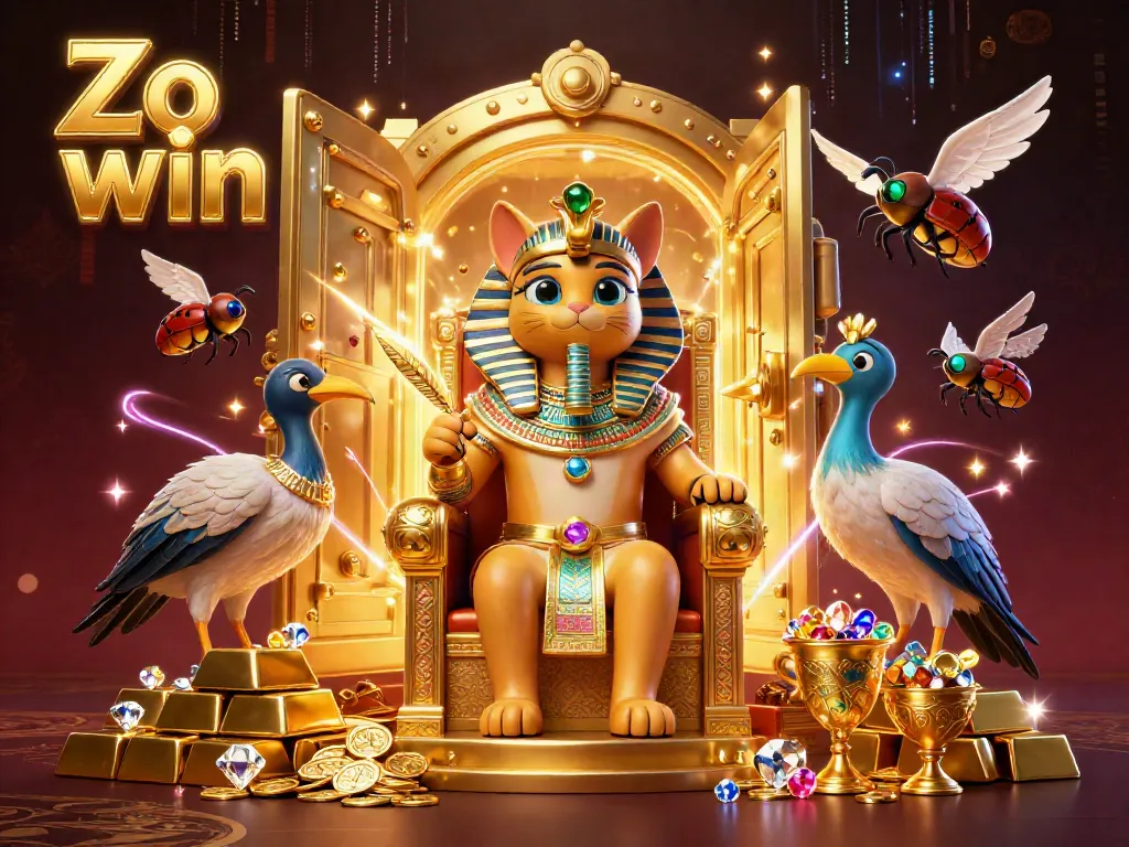 Experience the excitement of Zo win with vibrant casino elements and animated pharaoh characters.