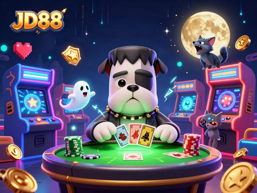 Join the thrilling JD88 casino action with dynamic 3D characters at a spooky card table!