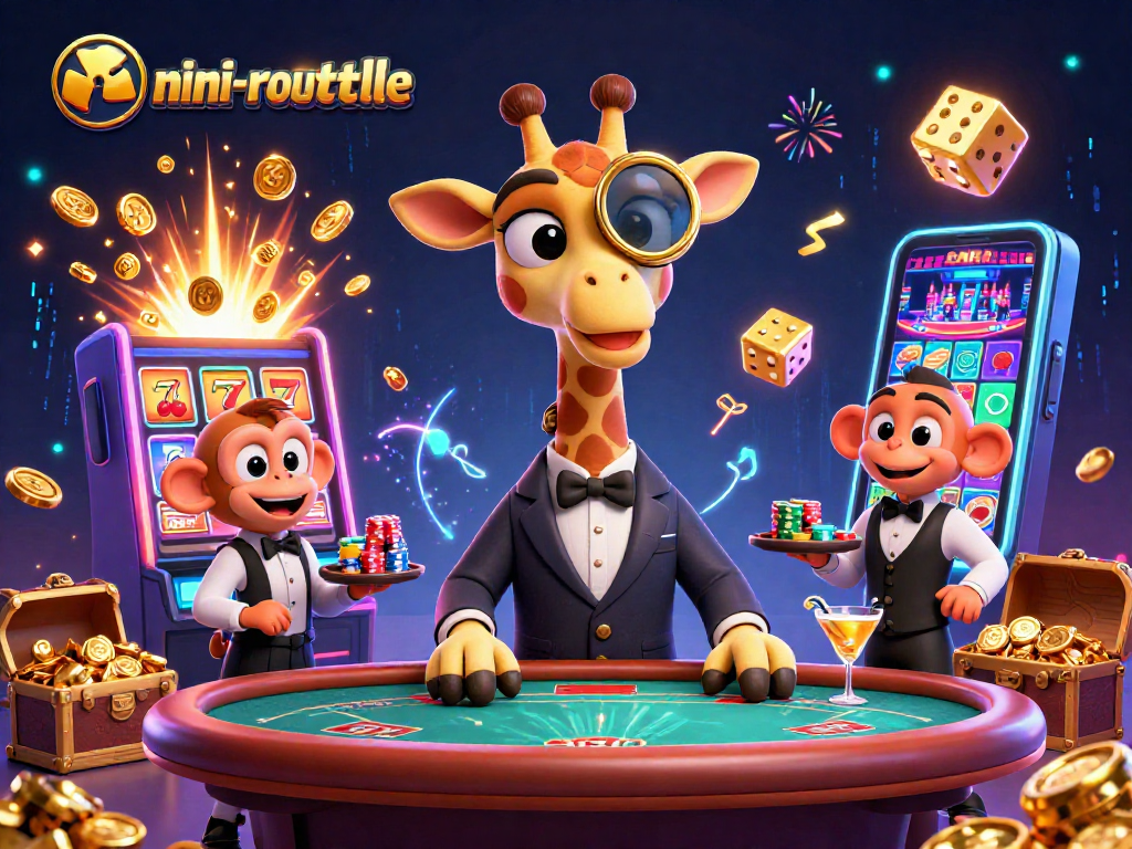Experience mini-roulette excitement with vibrant characters, golden cocktails, and jackpot thrills in a packed casino.